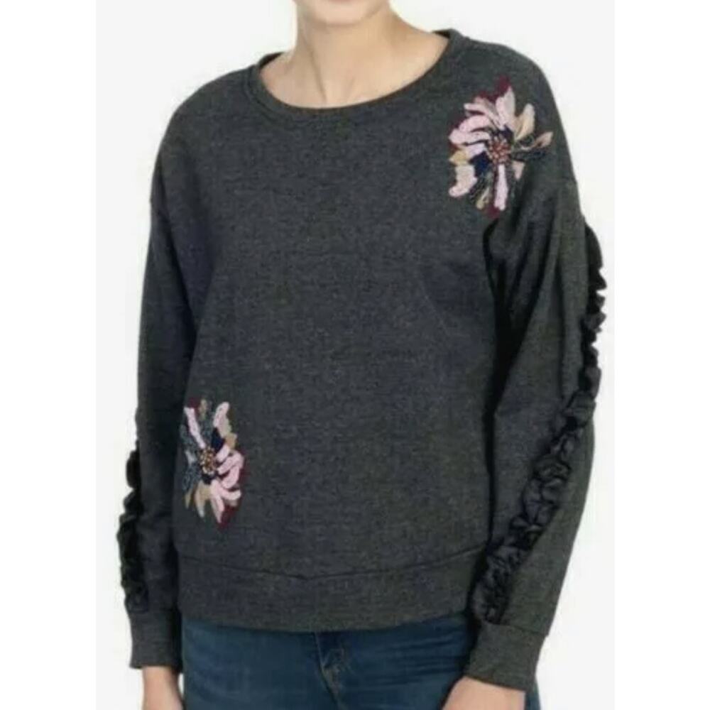 Vintage America Sweatshirt Womens Medium Gray Embroidered Beaded Ruffle Sleeve